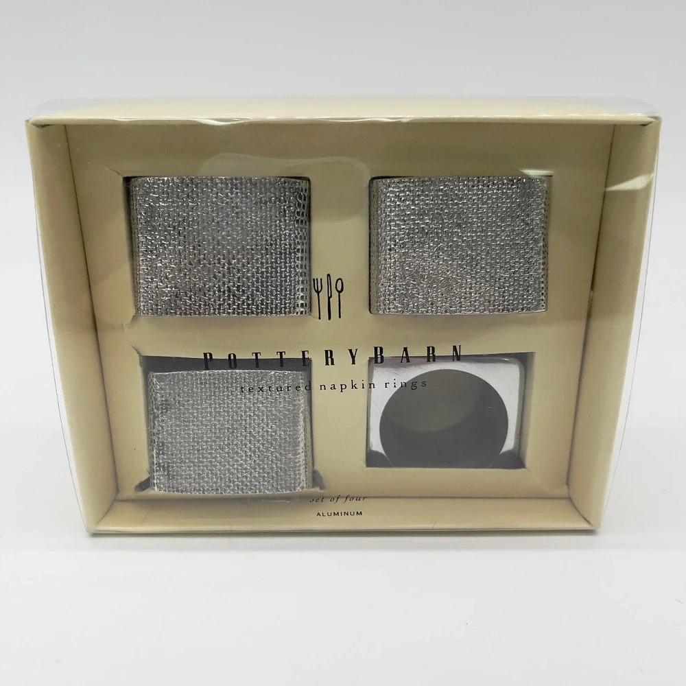 Pottery Barn Napkin Rings‎ Set Of 4 Textured Aluminum Silver Modern Table Decor